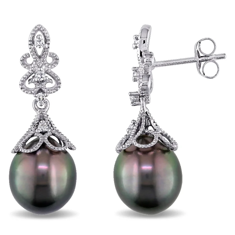 Miadora 14k White Gold Tahitian Black Pearl and 1/10ct TDW Diamond Vintage Drop Earrings (G-H, SI1-SI2) (9-9.5 mm)