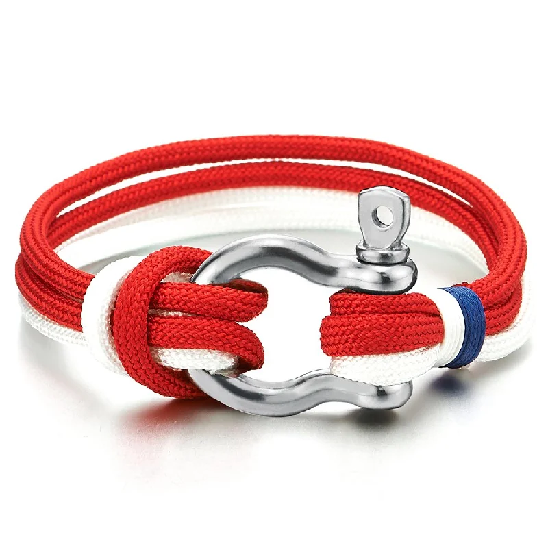 Mens Womens Steel Screw Anchor Shackles Red White Nautical Sailor Rope Cord Wrap Bracelet Wristband