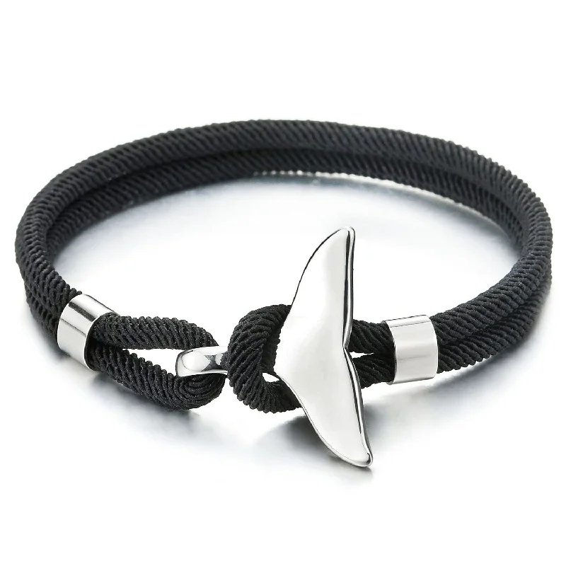 Men Womens Two-Row Black Rope Wristband Bracelet with Steel Whale Dolphin Tail Hook Clasp