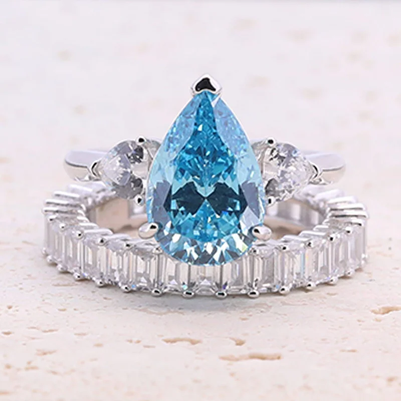 4.0ct Pear Cut Blue Gemstone Engagement ring with Eternity Band