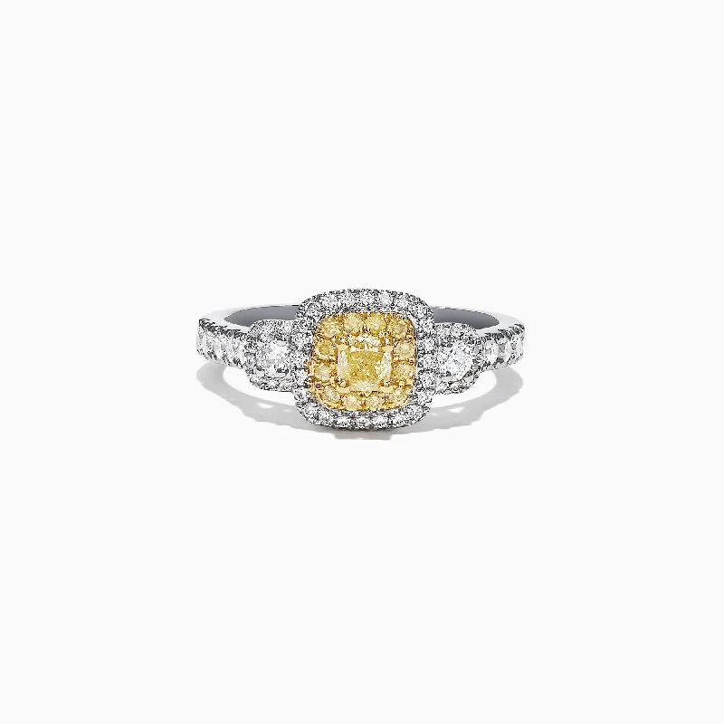 Canare 18K Two-Tone Gold Cushion Double Halo Yellow Diamond Ring, 0.96 TCW