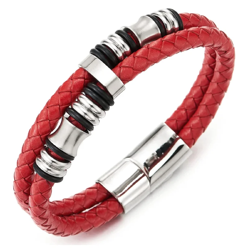 Mens Double-Row Red Braided Leather Bracelet Bangle Wristband, Silver Color Steel Ornaments