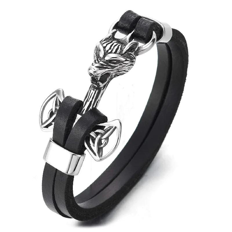 Mens Multi-Strand Black Leather Bracelet with Vintage Steel Trinity Celtic Knot Axe Wolf Head Hook