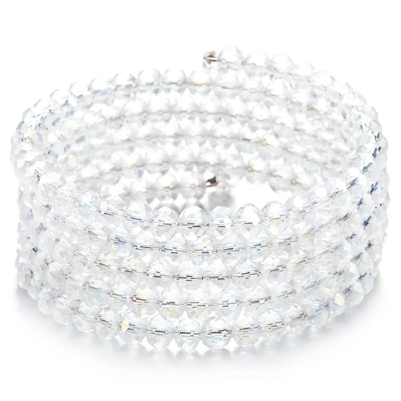 Stretchable Multi-Wrap Stackable Beaded Wire Bracelets with Rainbow Glitter White Clear Crystal