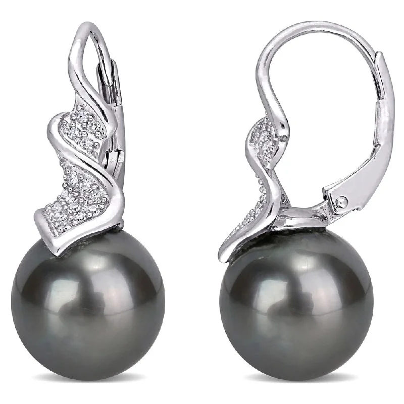 Miadora Sterling Silver Tahitian Cultured Pearl and 1/6ct TDW Diamond Crossover Earrings (9-9.5 MM)