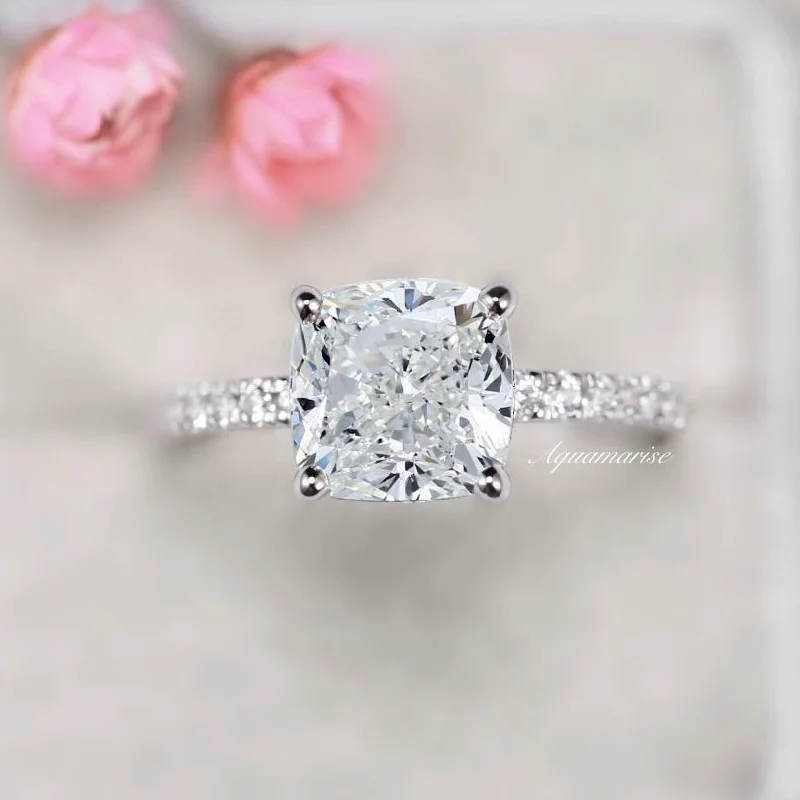 3CT Cushion Cut Diamond/ Moissanite Engagement Ring- 14K White Gold