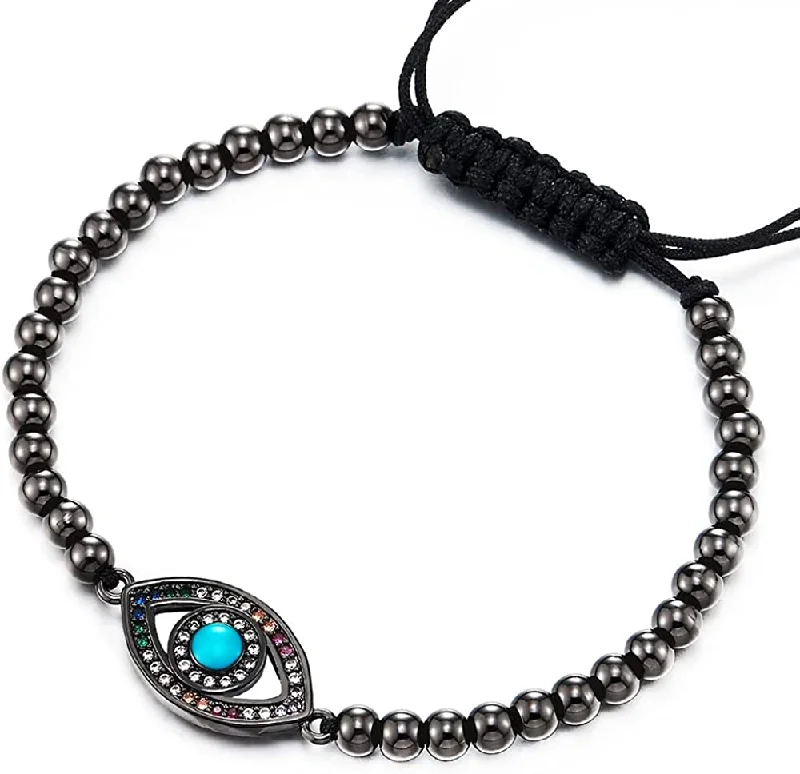 Womens Black Bead Chain Bracelet with Colorful Cubic Zirconia Protection Evil Eye, Adjustable