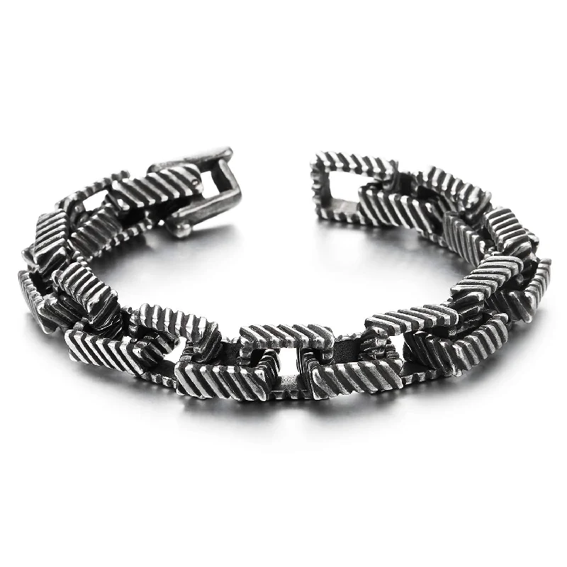 Mens Women Vintage Grooved Stripes Rectangle Rolo Link Chain Steel Bracelet Retro Old Metal Finished