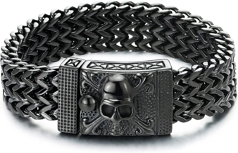 COOLSTEELANDBEYOND Mens Black Stainless Steel Curb Chain Bracelet with Pirate Skulls Clasp, Large Bracelet Franco Link