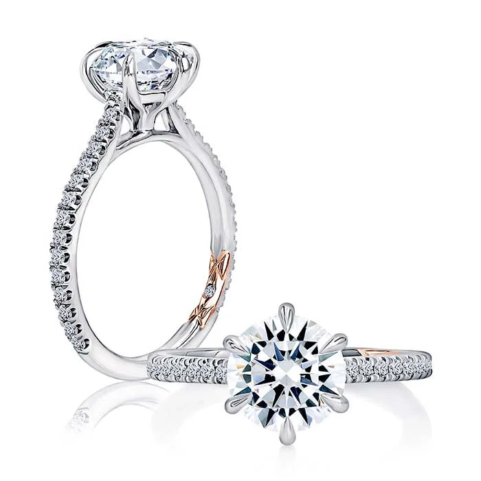 A. Jaffe 6-Prong Round Pavé Diamond Engagement Ring Semi-Mounting in 14K White and Rose Gold