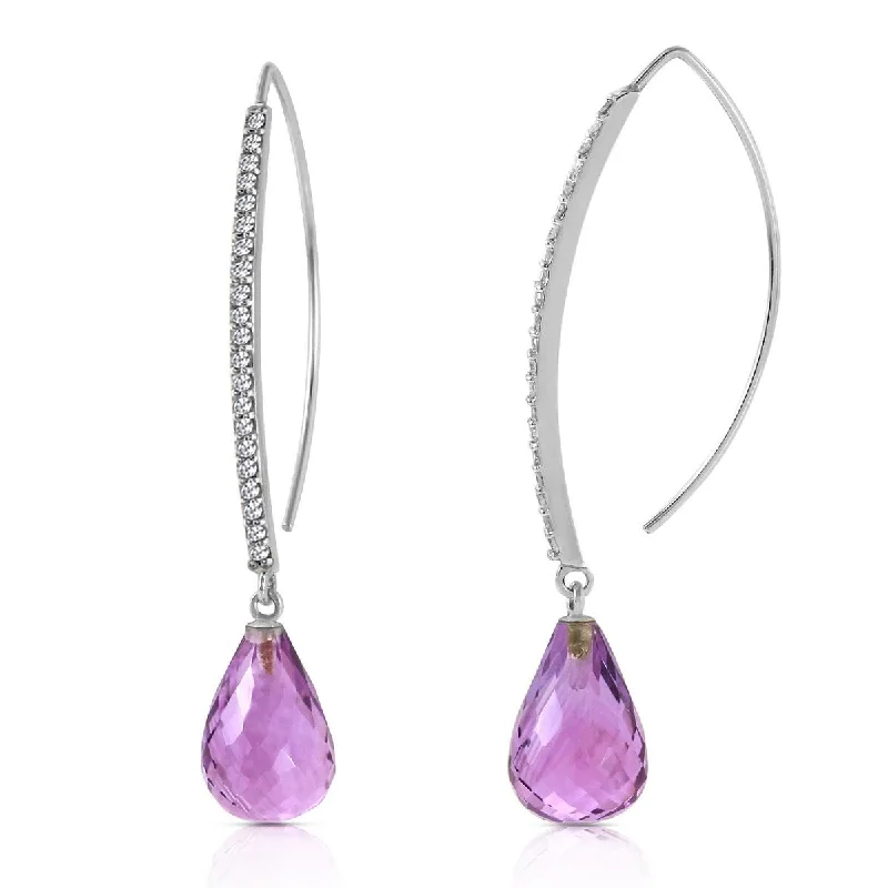 14K Solid Gold Diamonds Hook Earrings w/ Dangling Briolette Amethysts