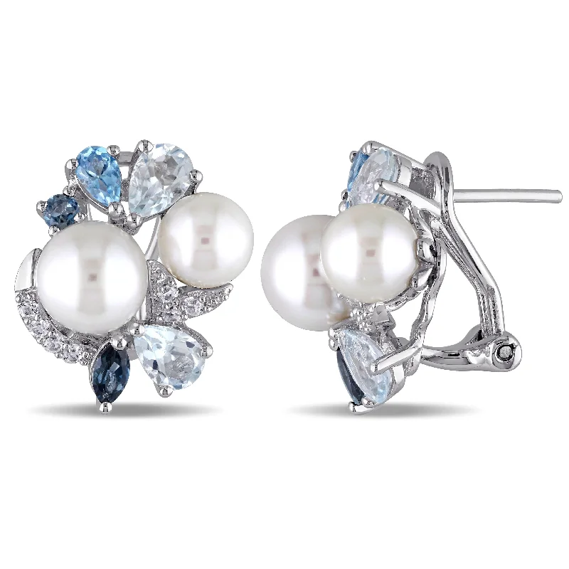 Miadora Sterling Silver Cultured Freshwater Pearl and Blue Topaz and Created White Sapphire Stud Earrings