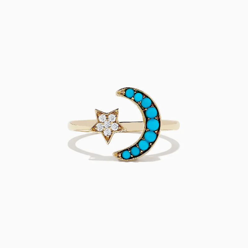 14K Yellow Gold Turquoise and Diamond Moon and Star Ring, 0.32 TCW