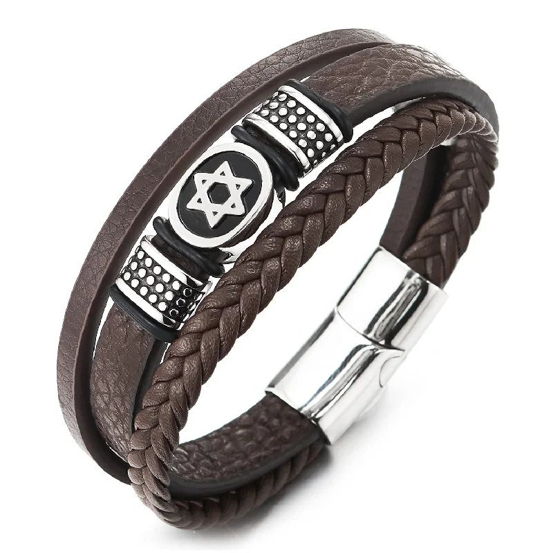 Men Three-Strand Braided Leather Bracelet with Steel Star of David Oval and Dotted Beads Charm