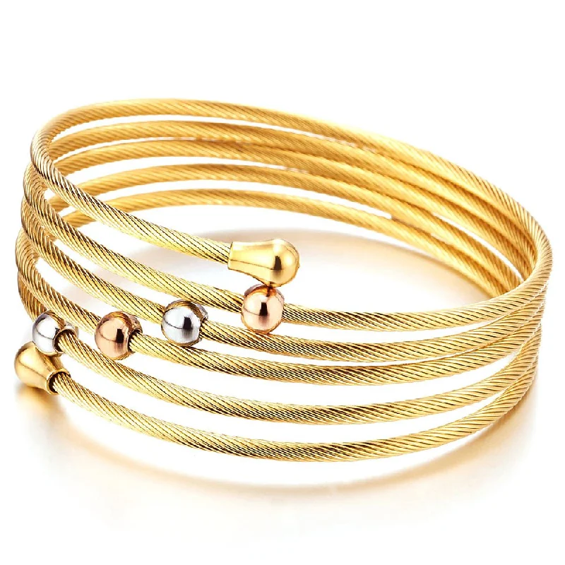 Elastic Adjustable Ladies Steel Cuff Bangle Bracelet Elastic Multi-Lap Silver Gold Two-Tone