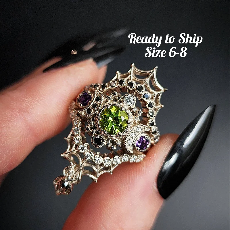 Ready to Ship Size 6-8 Juice of the Beetle - Peridot & Amethyst Spider Web Wedding Ring Set 14k Palladium White Gold - Black & White Diamond Gothic Engagement Ring