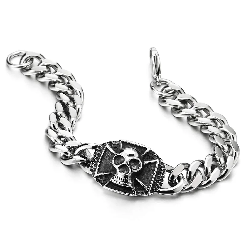 Gothic Stainless Steel Mens Vintage Cross Skull Concave Dotted ID Identification Curb Chain Bracelet