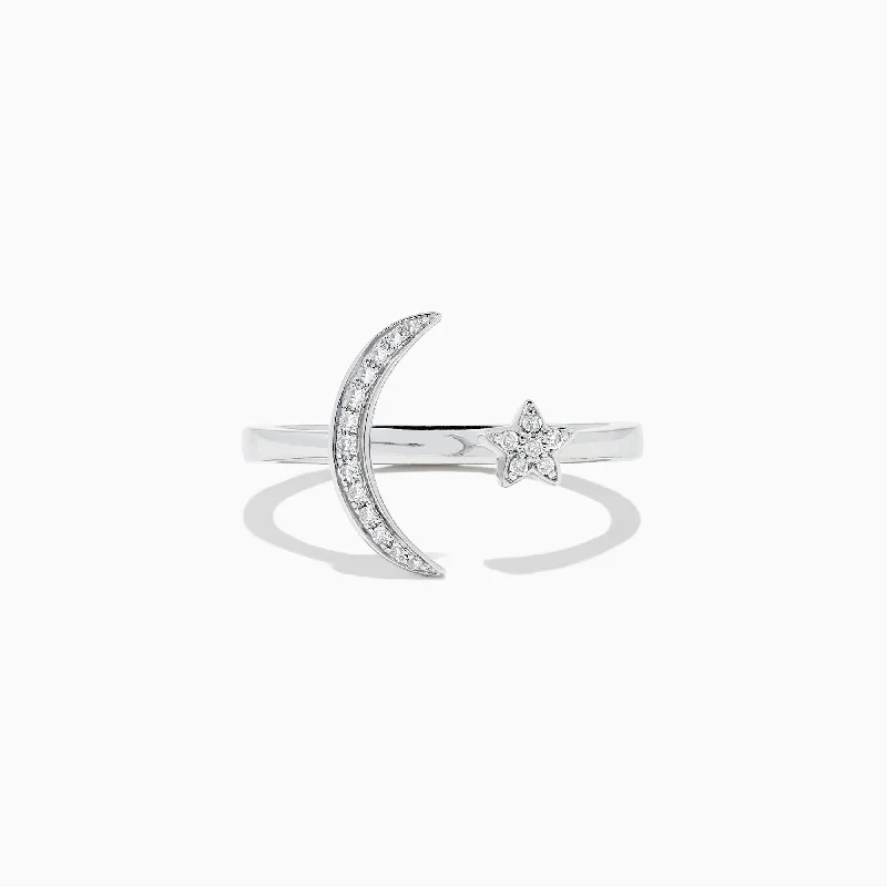 Novelty 14K White Gold Moon and Star Diamond Ring, 0.08 TCW