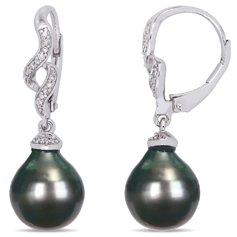 Miadora Sterling Silver Black Tahitian Cultured Pearl & Diamond Swirl Drop Leverback Earrings (9.5-10mm)