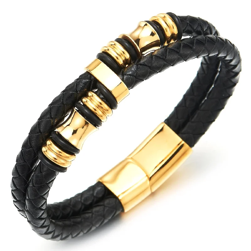 Mens Double-Row Black Braided Leather Bracelet Bangle Wristband Gold Color Stainless Steel Ornaments