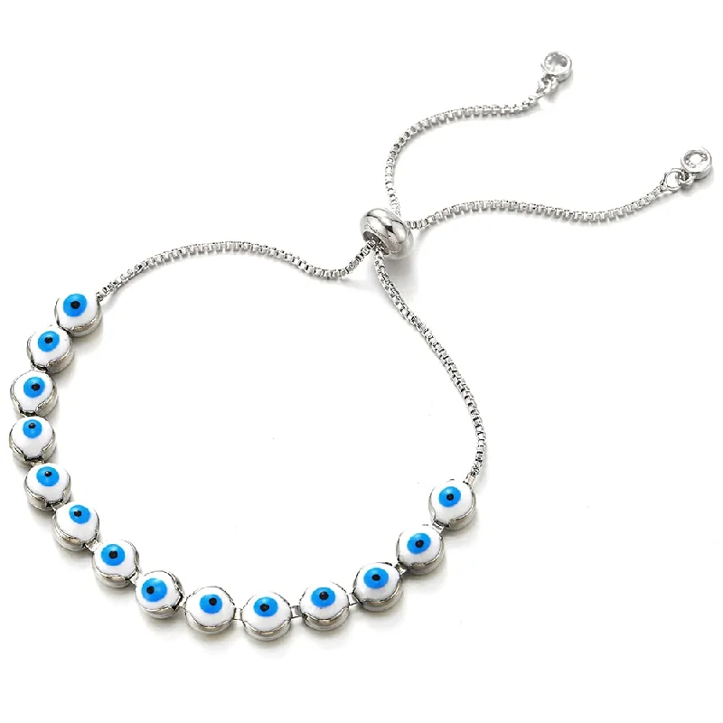 Womens Black White Blue Protection Evil Eye Link Chain Bracelet with Cubic Zirconia , Adjustable