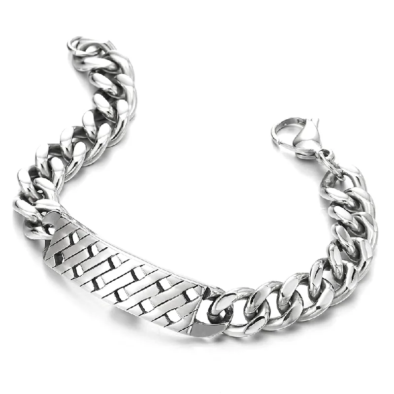 Mens Stainless Steel Curb Chain Grid Hollow ID Identification Bangle Bracelet, Fashion Cool