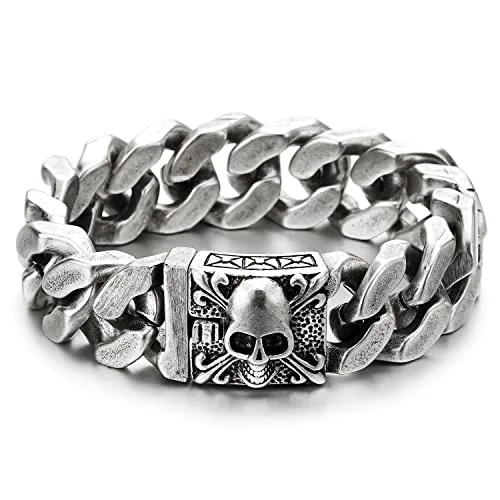 Rugged Brushed Steel Curb Chain Bracelet for Men, Skull and Fleur De Lis Design, Heavy-Duty, Ideal for Biker Style and Casual Events