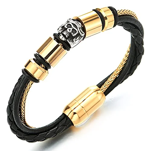 Black Braided Leather Bracelet Steel Gold Foxtail Chain Bangle, Captain Skull Gold Beads Charms