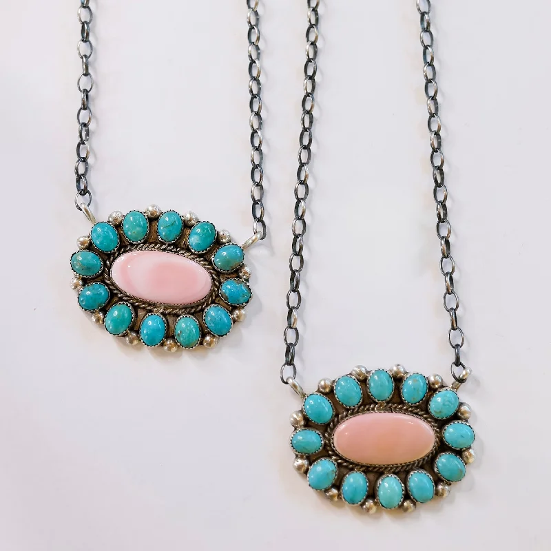 Maxine Ramirez | Navajo Handmade Sterling Silver Kingman Turquoise Cluster Pendant Necklace with Pink Conch Center Stone