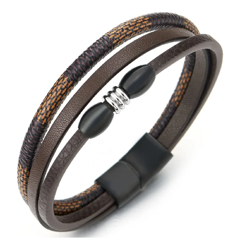 Three-Strand Brown Braided Leather Bracelet Wristband with Black Steel Charms and Magnetic Clasp