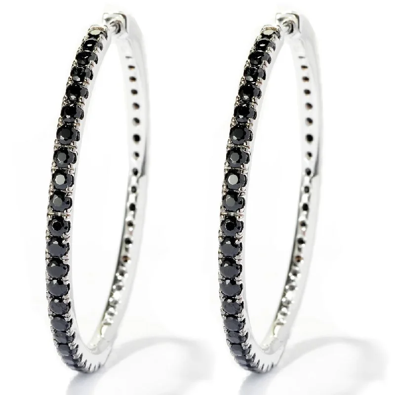 Platinum over Sterling Silver Black Spinel Hoop Earrings