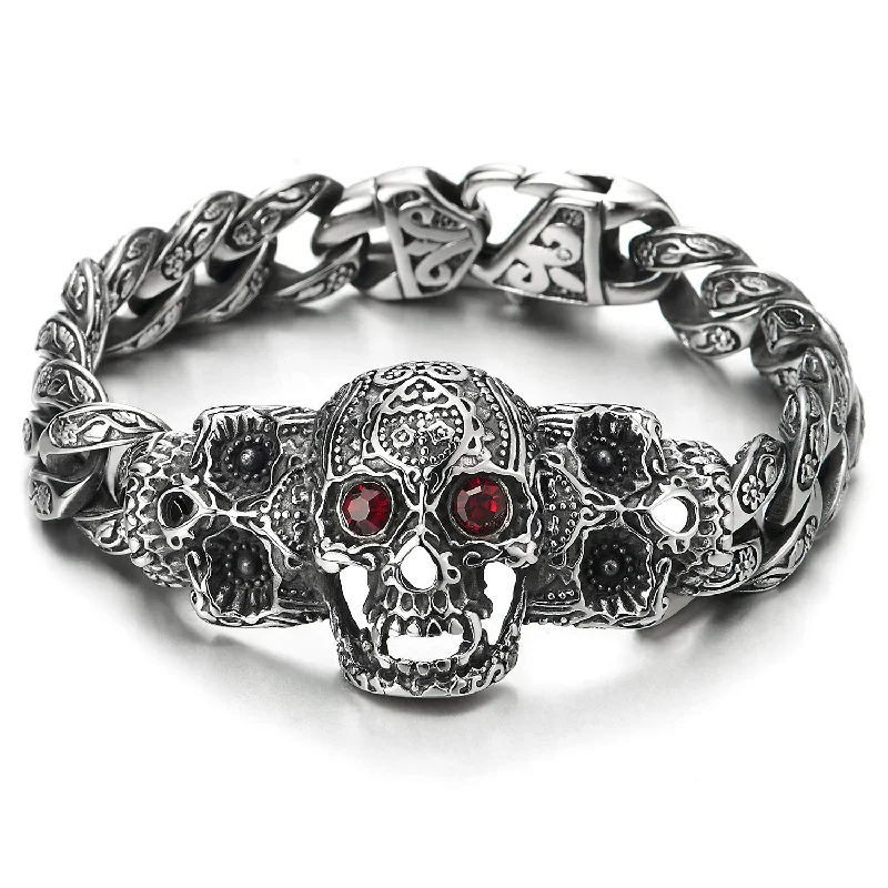 Mens Steel Fancy Curb Chain Bracelet with Vintage Sugar Skulls Charm Red Cubic Zirconia Eyes