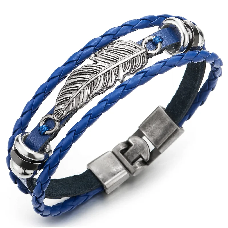 Vintage Feather Leaf Blue Braided Leather Bracelet for Men Women, Three-Row Leather Wristband