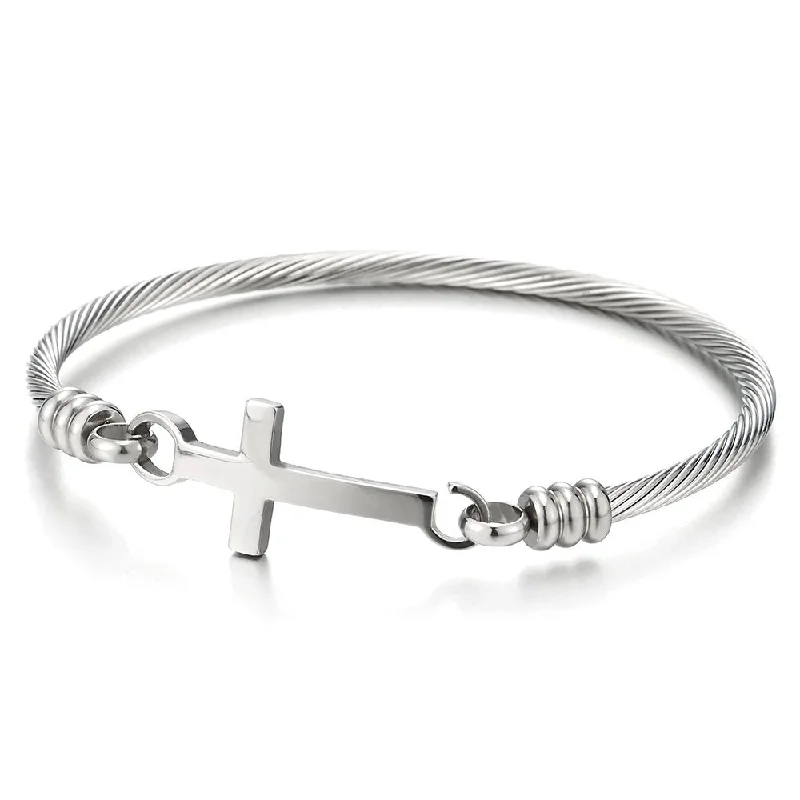 Stainless Steel Horizontal Sideway Lateral Cross Bangle Bracelet for Women and