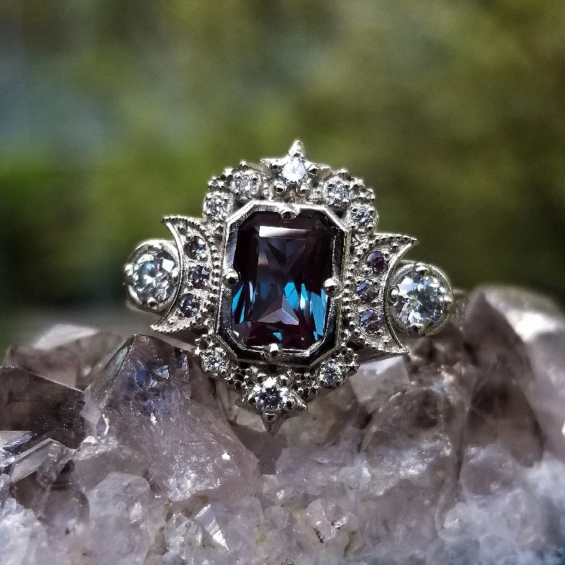 Radiant Alexandrite Selene Moon Engagement Ring - Diamonds and Chatham Alexandrite - 14k Gold