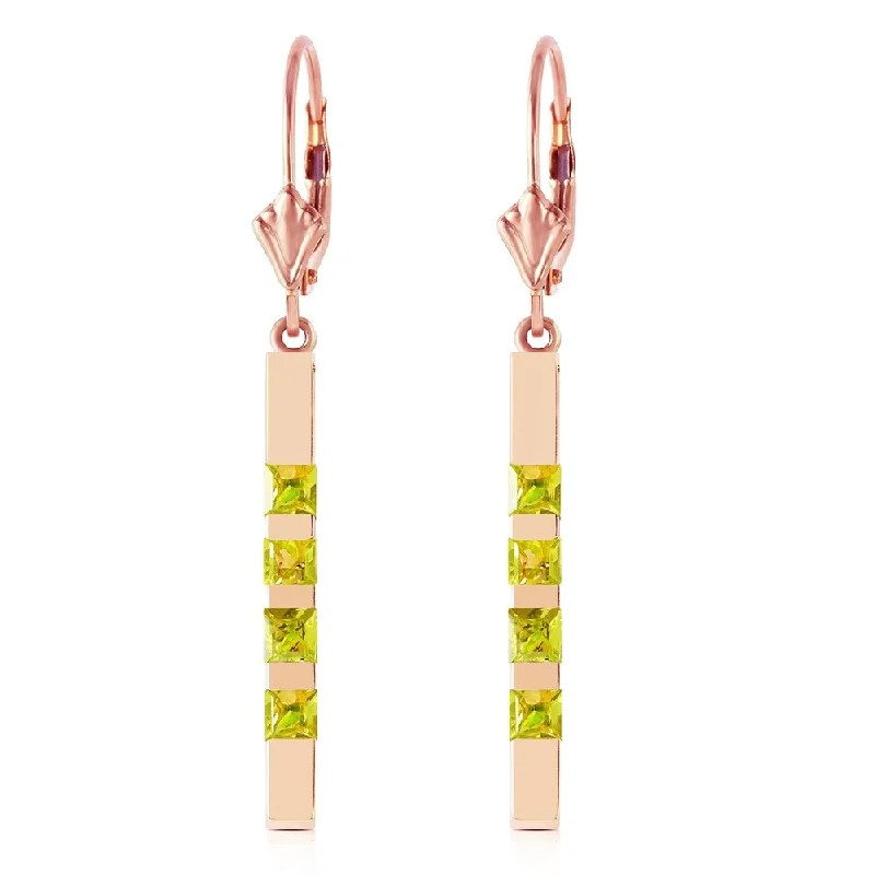 14K Solid Rose Gold Leverback Earrings Bar with Natural Peridots