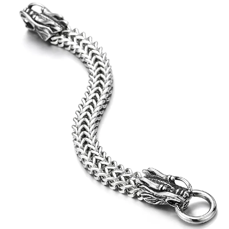 Biker Mens Steel Franco Box Link Chain Bracelet Vintage Dragon Head Spring Ring Clasp 8.7 Inches