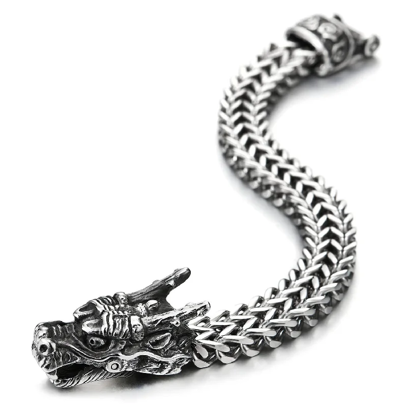 Mens Large Steel Vintage Dragon Square Franco Chain Curb Chain Bracelet, 8.5 Inches Long, Masculine