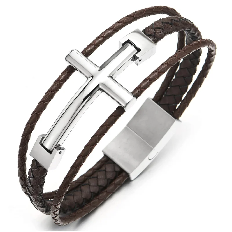 Mens Steel Horizontal Sideway Lateral Cross Three-Row Brown Braided Leather Bangle Bracelet