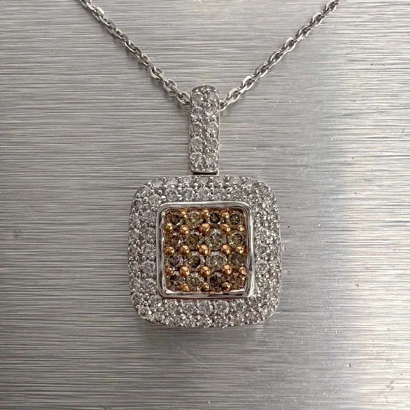 14k White Gold White, Chocolate & Champagne Square Pave Diamond Necklace 18"