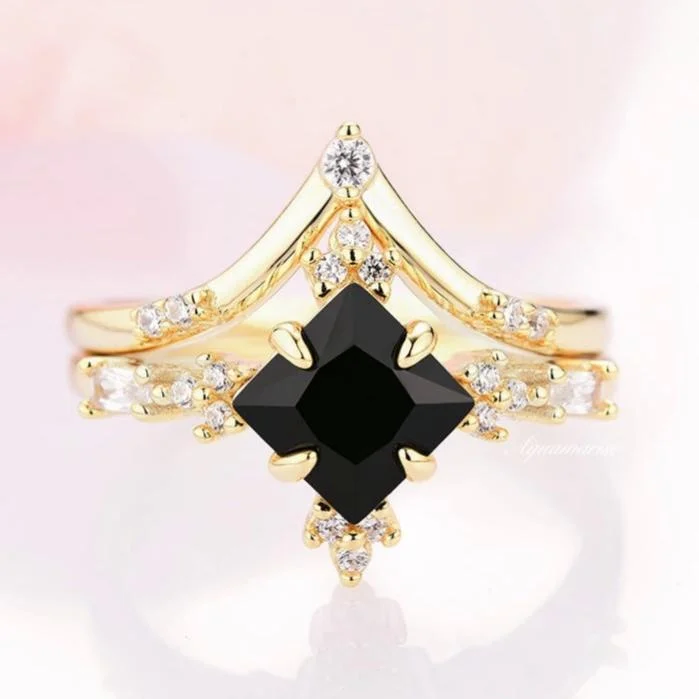 Princess Cut Black Onyx Engagement Ring Set- 14K/18K Solid Yellow Gold