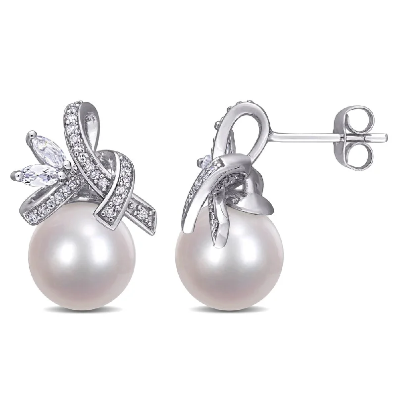 Miadora 10k White Gold Cultured Freshwater Pearl White Topaz 1/6ct TDW Diamond Ribbon Earrings (9-10 MM)