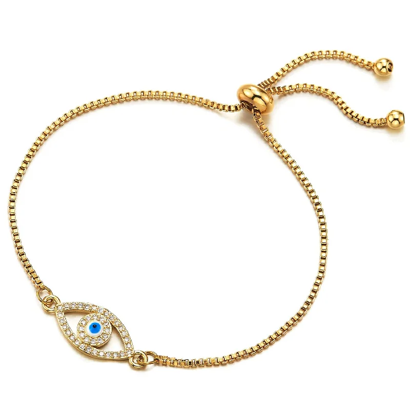 Womens Gold Stainless Steel Chain Link Bracelet with Cubic Zirconia Protection Evil Eye, Adjustable