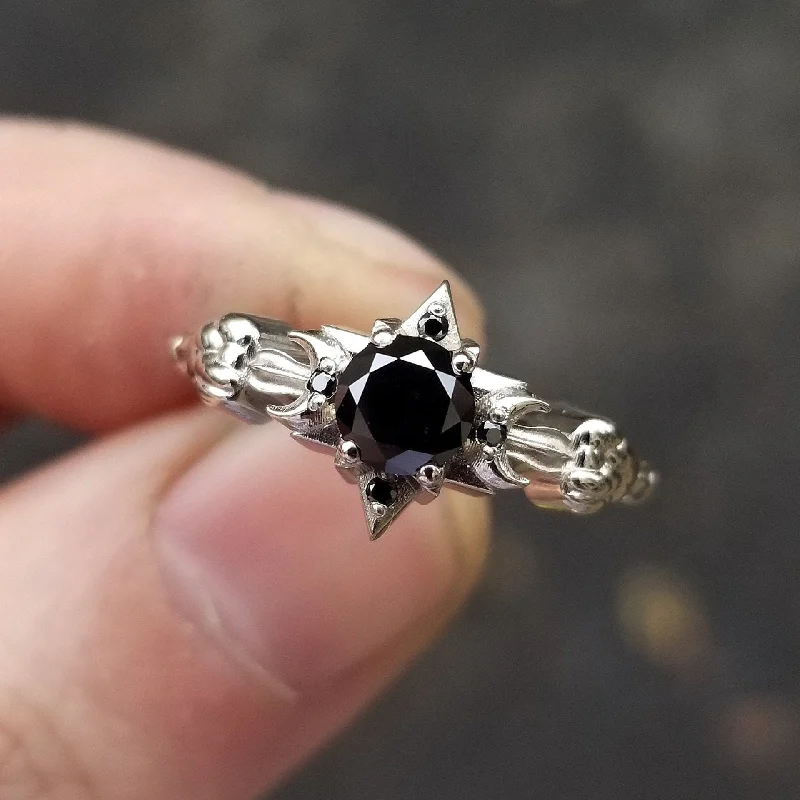 Celestial Black Diamond Engagement Ring - Moon, Star and Clouds - 14k Palladium White Gold Gothic Fine Jewelry