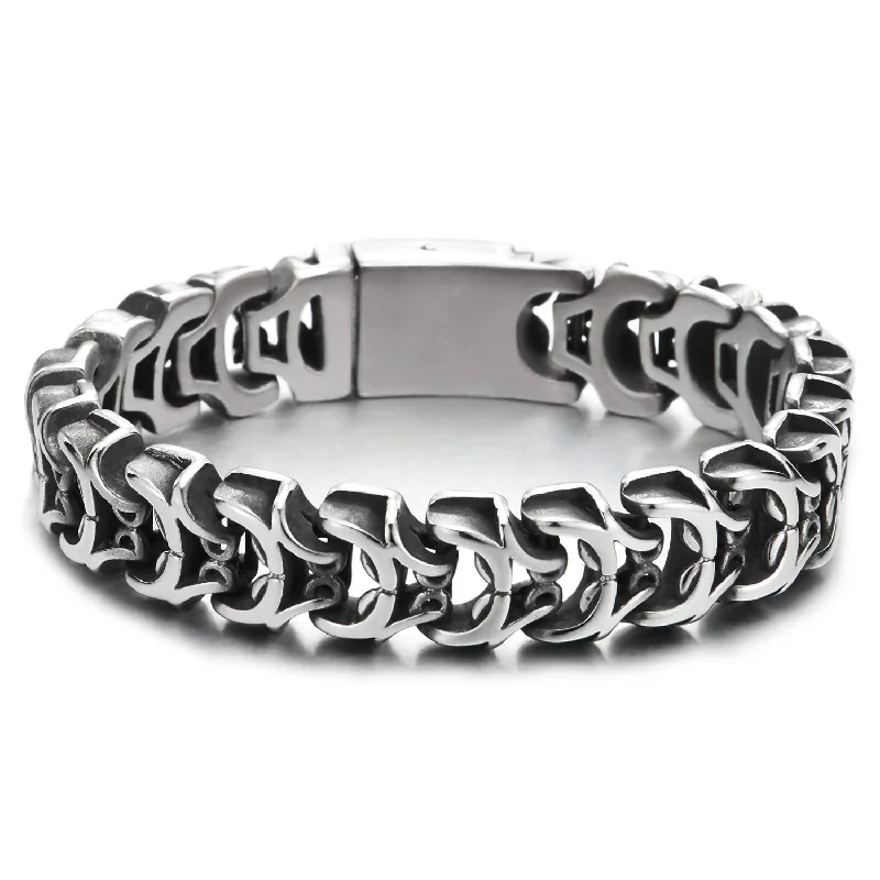 Masculine Style, Mens Vintage Mechanic Link Chain Bracelet with Box Spring Clasp Stainless Steel