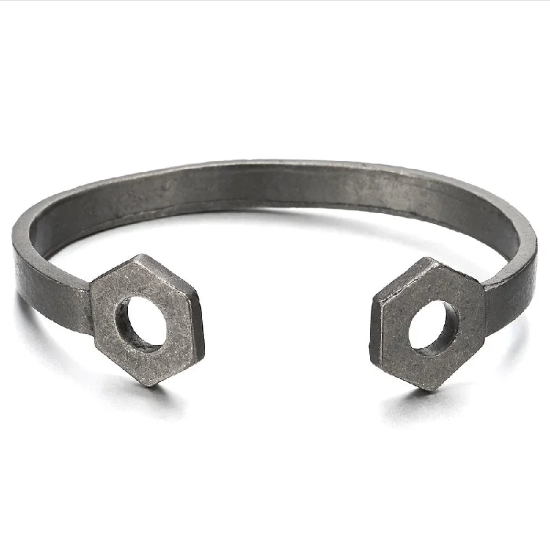 Retro Style Mens Hex Cap Screw Bangle Open Cuff Bracelet with Old Metal Finishing, Adjustable