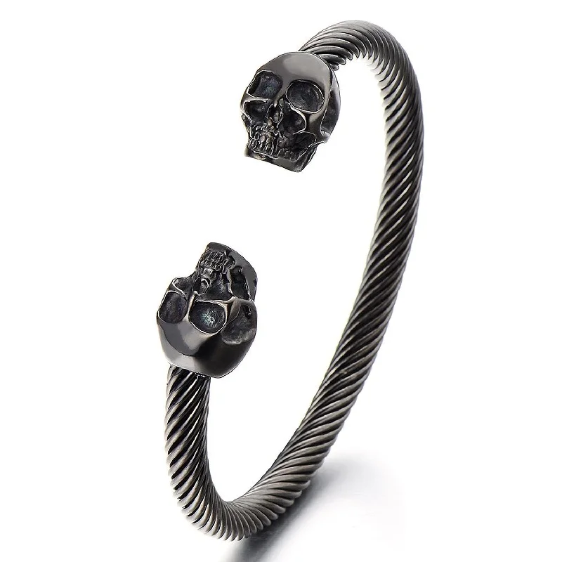 Unique Elastic Adjustable Mens Black Skull Cuff Bangle Stainless Steel Bracelet Polished