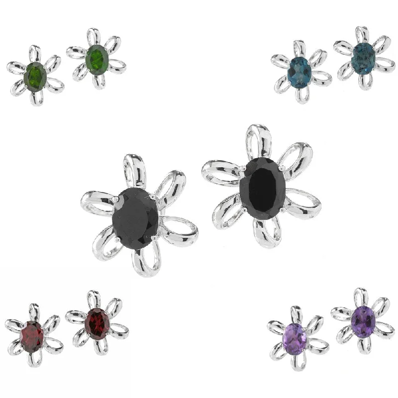 Sterling Silver Oval Gemstone Flower Stud Earrings