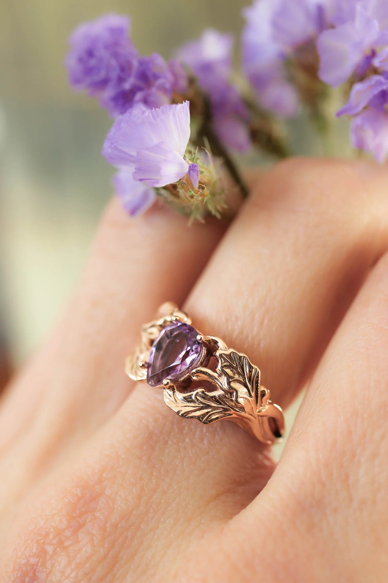 Amethyst Stone Pear Cut Leaf Ring