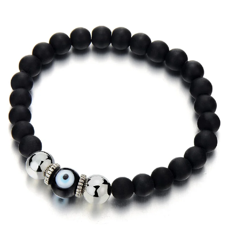 Mens Women Mat Black Bead Bracelet with Murano-Style Glass Evil Eye Bead, Protection Prayer Mala